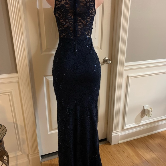 Women junior blue navy lace sequins halter bodycon mermaid maxi dress size (S) - Picture 12 of 13